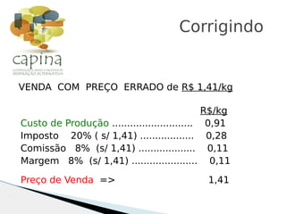 VENDA COM PREÇO ERRADO de R$ 1,41/kg
R$/kg
Custo de Produção ........................... 0,91
Imposto 20% ( s/ 1,41) .................. 0,28
Comissão 8% (s/ 1,41) ................... 0,11
Margem 8% (s/ 1,41) ...................... 0,11
Preço de Venda => 1,41
Corrigindo
 