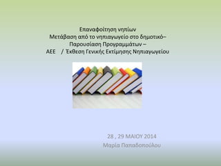 Επαναφοίτηση νηπίων
Μετάβαση από το νηπιαγωγείο στο δημοτικό–
Παρουσίαση Προγραμμάτων –
ΑΕΕ / Έκθεση Γενικής Εκτίμησης Νηπιαγωγείου
28 , 29 ΜΑΙΟΥ 2014
Μαρία Παπαδοπούλου
 