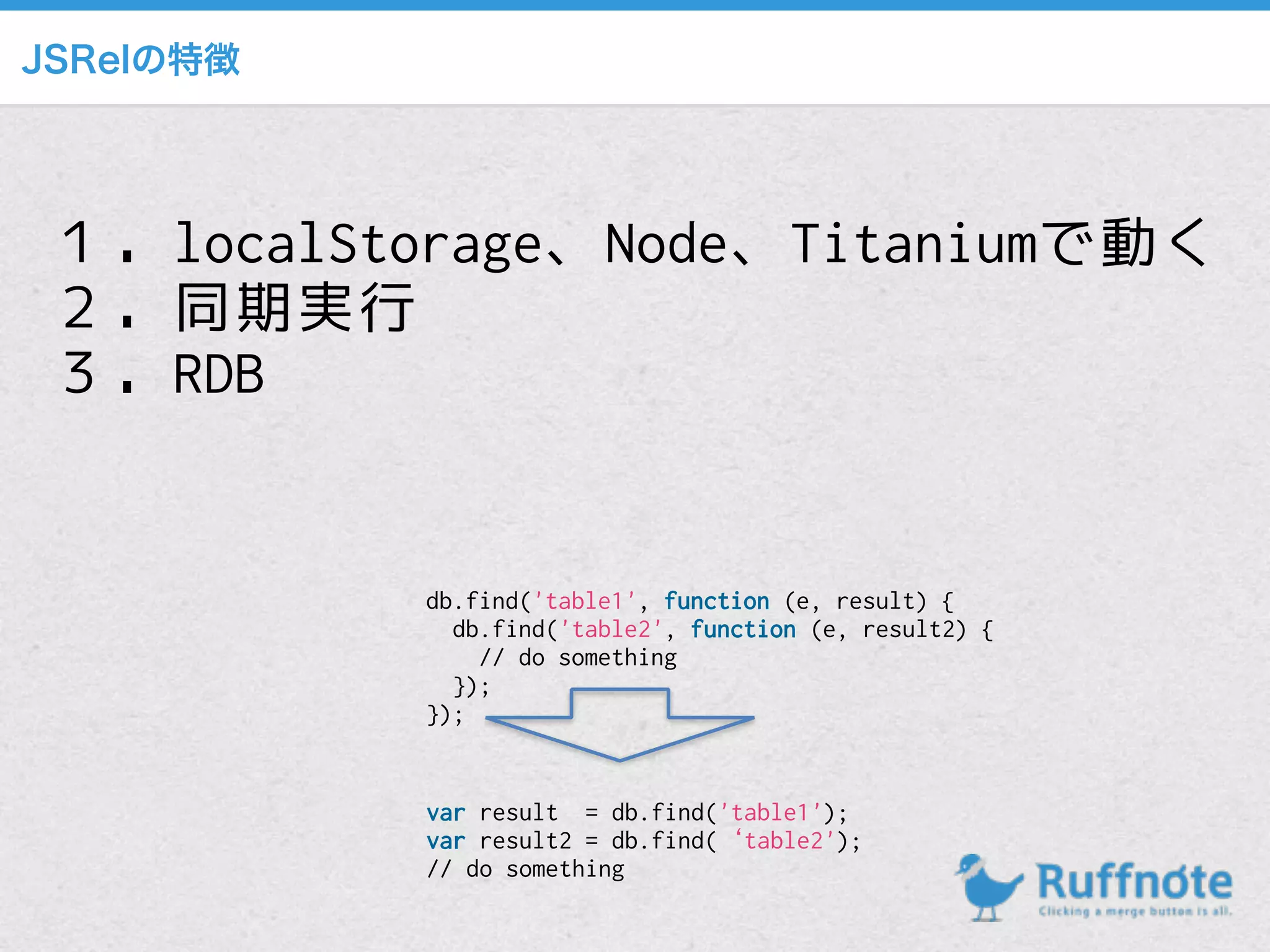 JSRelの特徴
１．localStorage、Node、Titaniumで動く
２．同期実行
３．RDB
var result = db.find('table1');
var result2 = db.find(‘table2');
// do something
db.find('table1', function (e, result) {
db.find('table2', function (e, result2) {
// do something
});
});
 