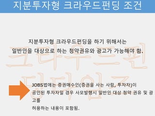 지분투자형 크라우드펀딩 조건
지분투자형 크라우드펀딩을 하기 위해서는
일반인을 대상으로 하는 청약권유와 광고가 가능해야 함.
JOBS법에는 증권매수인(증권을 사는 사람, 투자자)이
공인된 투자자일 경우 사모발행시 일반인 대상 청약 권유 및 광고를
허용하는 내용이 포함됨.
 