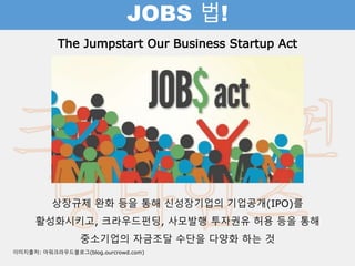 JOBS 법!
The Jumpstart Our Business Startup Act
상장규제 완화 등을 통해 신성장기업의 기업공개(IPO)를
활성화시키고, 크라우드펀딩, 사모발행 투자권유 허용 등을 통해
중소기업의 자금조달 수단을 다양화 하는 것
이미지출처: 아워크라우드블로그(blog.ourcrowd.com)
 