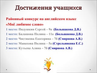 Достижения учащихсяДостижения учащихся
Районный конкурс на английском языке
«Моё любимое слово»
1 место: Пядушкин Сергей – 9а (Большакова Д.В.)
1 место: Балашова Полина – 11а (Большакова Д.В.)
2 место: Чистякова Екатерина – 7б (Смирнова А.В.)
2 место: Манахова Полина – 5а (Стрельникова Е.С.)
3 место: Кутьева Алина – 7б (Смирнова А.В.)
 