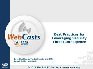Best Practices for
Leveraging Security
Threat Intelligence
Dave Shackleford, Voodoo Security and SANS
Russell Spitler, AlienVault
© 2014 The SANS™ Institute - www.sans.org
 