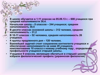 • В школе обучается в 1-11 классах на 05.09.13 г. – 608 учащихся при
средней наполняемости 30,4.
• Начальная школа – 8 классов – 244 учащихся; средняя
наполняемость 30,5
• В десяти классах основной школы – 312 человек, средняя
наполняемость – 31,2
• В 10-11 классах – 52 человека, средняя наполняемость 26
учащихся.
• 4 группы продленного дня – 120 человек.
• Важнейшей задачей стоит сохранение контингента учащихся и
обеспечение наполняемости не ниже 28 учащихся,
комплектование 10 класса к новому учебному году , определение
профильности учащихся старшей школы.
• Учащиеся 9 классов, желающие обучаться в старшей школе,
избрали филологический профиль (украинская филология) .
 