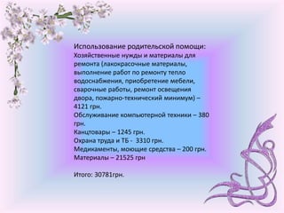 Использование родительской помощи:
Хозяйственные нужды и материалы для
ремонта (лакокрасочные материалы,
выполнение работ по ремонту тепло
водоснабжения, приобретение мебели,
сварочные работы, ремонт освещения
двора, пожарно-технический минимум) –
4121 грн.
Обслуживание компьютерной техники – 380
грн.
Канцтовары – 1245 грн.
Охрана труда и ТБ - 3310 грн.
Медикаменты, моющие средства – 200 грн.
Материалы – 21525 грн
Итого: 30781грн.
 