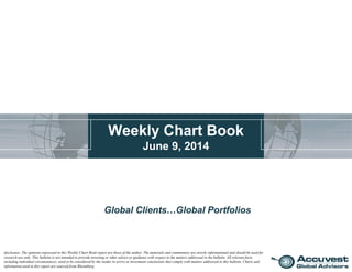 Weekly Chart Book
June 9, 2014
Global Clients…Global Portfolios
disclosure: The opinions expressed in this Weekly Chart Book report are those of the author. The materials and commentary are strictly informational and should be used for
research use only. This bulletin is not intended to provide investing or other advice or guidance with respect to the matters addressed in the bulletin. All relevant facts,
including individual circumstances, need to be considered by the reader to arrive at investment conclusions that comply with matters addressed in this bulletin. Charts and
information used in this report are sourced from Bloomberg.
 