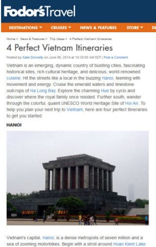 Emeraude Classic Cruises and La Residence Hotel & Spa featured in 4 Perfect Vietnam Itineraries of Fodor's Travel, June 2014