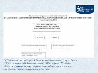 У Павличенко это уже третий банк, который он создает с нуля. Еще в
2006 г. он по просьбе бывшего главы НАК «Нафтогаз України»
Алексея Ивченко зарегистрировал Еврогазбанк, председателем
которого оставался до середины этого лета.
 