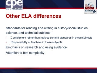 Other ELA differences
Standards for reading and writing in history/social studies,
science, and technical subjects
• Complement rather than replace content standards in those subjects
• Responsibility of teachers in those subjects
Emphasis on research and using evidence
Attention to text complexity
SOURCE: Common Core Standards, June 2010
 