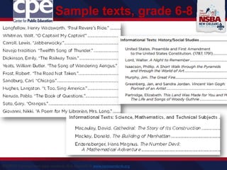 Sample texts, grade 6-8
SOURCE: Common core state standards, ELA,Appendix B, www.corestandards.org
 