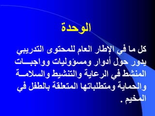 ‫كل‬‫في‬ ‫ما‬‫التدري‬ ‫للمحتوى‬ ‫العام‬ ‫اإلطار‬‫بي‬
‫ومسؤوليات‬ ‫أدوار‬ ‫حول‬ ‫يدور‬‫وواجبـــات‬
‫المنشط‬‫والتنشيط‬ ‫الرعاية‬ ‫في‬‫والس‬‫المــة‬
‫بالطف‬ ‫المتعلقة‬ ‫ومتطلباتها‬ ‫والحماية‬‫في‬ ‫ل‬
‫المخيم‬.
‫الوحدة‬
 