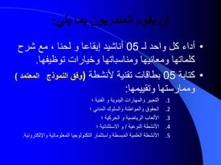 ‫يلي‬ ‫بما‬ ‫المتدربون‬ ‫يقوم‬ ‫أن‬:
•‫لـ‬ ‫واحد‬ ‫كل‬ ‫أداء‬05‫إيقدعد‬ ‫أندشيد‬‫و‬‫شرح‬ ‫مع‬ ، ‫لحند‬
‫توظيفهد‬ ‫وخيدرات‬ ‫بدتهد‬ ‫ومند‬ ‫ومعدنيهد‬ ‫كلمدتهد‬.
•‫كتدبة‬05‫ألنشطة‬ ‫تقنية‬ ‫بطدقدت‬)‫المعتمد‬ ‫النموذج‬ ‫وفق‬)
‫وتقييمهد‬ ‫تهد‬ ‫وممدر‬:
.1‫اليدوية‬ ‫والمهدرات‬ ‫التعبير‬‫و‬‫؛‬ ‫الفنية‬
.2‫؛‬ ‫المدني‬ ‫لوك‬ ‫وال‬ ‫والمواطنة‬ ‫الحقو‬
.3‫الريداية‬ ‫األلعدب‬‫و‬‫؛‬ ‫الحركية‬
.4‫النوعية‬ ‫األنشطة‬/‫و‬‫؛‬ ‫تثندئية‬ ‫اال‬
.5‫واإللكت‬ ‫المعلومدتية‬ ‫التكنولوجيد‬ ‫تثمدر‬ ‫وا‬ ‫طة‬ ‫المب‬ ‫العلمية‬ ‫األنشطة‬‫رونية‬.
 