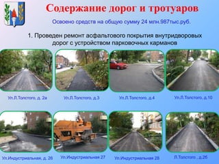 Содержание дорог и тротуаров
Освоено средств на общую сумму 24 млн.987тыс.руб.
1. Проведен ремонт асфальтового покрытия внутридворовых
дорог с устройством парковочных карманов
Ул.Л.Толстого, д. 2а Ул.Л.Толстого, д.3 Ул.Л.Толстого, д.4 Ул.Л.Толстого, д.10
Ул.Индустриальная 27 Ул.Индустриальная 28Ул.Индустриальная, д. 26 Л.Толстого , д.2б
 