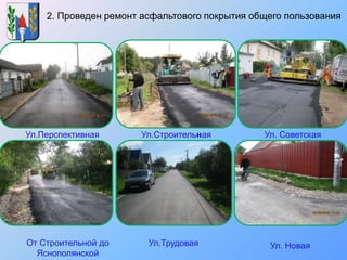 2. Проведен ремонт асфальтового покрытия общего пользования
Ул.Перспективная Ул.Строительная Ул. Советская
От Строительной до
Яснополянской
Ул.Трудовая Ул. Новая
 