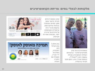 ‫בתים‬ ‫לבעלי‬ ‫מלקוחות‬:‫הקואופרטיבים‬ ‫פריחת‬
‫באופנה‬ ‫קוקו‬|‫מיזם‬
‫חדשני‬ ‫חברתי‬‫שקם‬
‫שהעתיד‬ ‫תפיסה‬ ‫מתוך‬
‫טמון‬ ‫צודקת‬ ‫בכלכלה‬
‫רווח‬ ‫מרכזי‬ ‫בהקמת‬
‫המבוססים‬ ‫שיתופיים‬
‫של‬ ‫ערכים‬ ‫על‬‫שיוויון‬
‫יחסי‬,‫ואחריות‬ ‫שקיפות‬
‫חברתית‬.
‫אופק‬ ‫בנק‬|
‫חברתי‬ ‫בנק‬
‫הוא‬
‫דמוקרטי‬,
‫נשלט‬‫על‬
‫ידי‬‫חבריו‬,
‫ומצמיח‬‫את‬
‫החברה‬
‫והפרט‬
‫מזון‬ ‫של‬ ‫קואופרטיבים‬
‫למרכז‬ ‫מתרחבים‬|‫בהשראת‬
‫הצלחת‬‫הקואפרטיב‬‫מכולת‬
‫רמון‬ ‫במצפה‬"(‫העגלה‬)",
‫וגיא‬ ‫אורלי‬ ‫ובחסות‬,‫סופר‬ ‫הוקם‬
‫בהרצליה‬ ‫חברתי‬
30
 