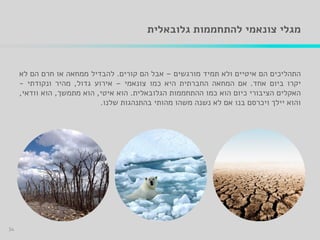 ‫צונאמי‬ ‫מגלי‬‫גלובאלית‬ ‫להתחממות‬
‫התהליכים‬‫הם‬‫איטיים‬‫ולא‬‫תמיד‬‫מורגשים‬–‫אבל‬‫הם‬‫קורים‬.‫להבדיל‬‫ממחאה‬‫או‬‫חרם‬‫הם‬‫לא‬
‫יקרו‬‫ביום‬‫אחד‬.‫אם‬‫המחאה‬‫החברתית‬‫היא‬‫כמו‬‫צונאמי‬–‫אירוע‬‫גדול‬,‫מהיר‬‫ונקודתי‬-
‫האקלים‬‫הציבורי‬‫כיום‬‫הוא‬‫כמו‬‫ההתחממות‬‫הגלובאלית‬.‫הוא‬‫איטי‬,‫הוא‬‫מתמשך‬,‫הוא‬‫וודאי‬,
‫והוא‬‫יילך‬‫ויכרסם‬‫בנו‬‫אם‬‫לא‬‫נשנה‬‫משהו‬‫מהותי‬‫בהתנהגות‬‫שלנו‬.
34
 