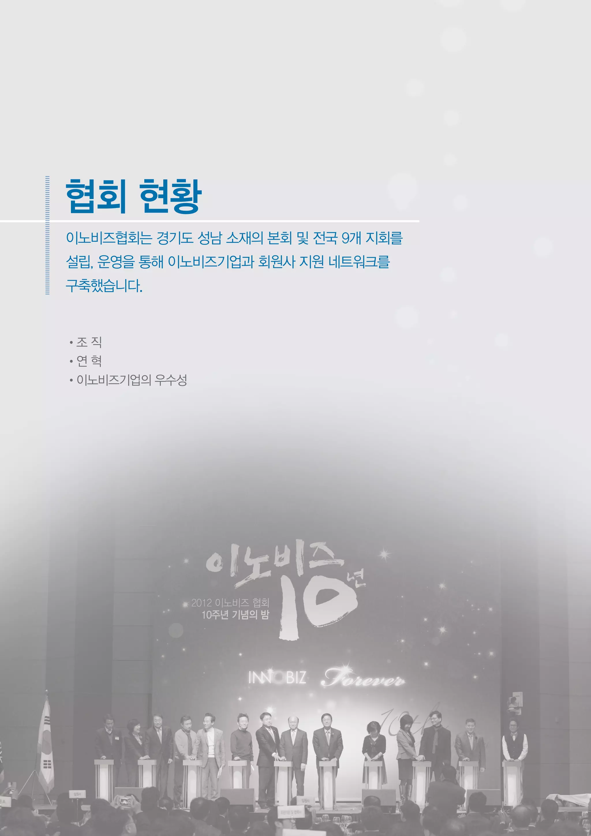 •조 직
•연 혁
•이노비즈기업의 우수성
이노비즈협회는 경기도 성남 소재의 본회 및 전국 9개 지회를
설립, 운영을 통해 이노비즈기업과 회원사 지원 네트워크를
구축했습니다.
협회 현황
 