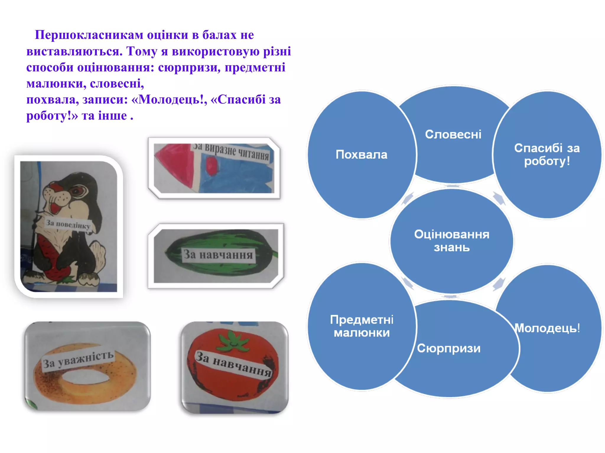 Першокласникам оцінки в балах не
виставляються. Тому я використовую різні
способи оцінювання: сюрпризи, предметні
малюнки, словесні,
похвала, записи: «Молодець!, «Спасибі за
роботу!» та інше .
 