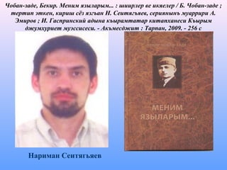 Чобан-заде, Бекир. Меним языларым... : шиирлер ве икяелер / Б. Чобан-заде ;
тертип эткен, кириш сёз язгъан Н. Сеитягъяев, сериянынъ муаррири А.
Эмиров ; И. Гаспринский адына къырамтатар китапханеси Къырым
джумхуриет муэссисеси. - Акъмесджит : Тарпан, 2009. - 256 с
Нариман Сеитягьяев
 