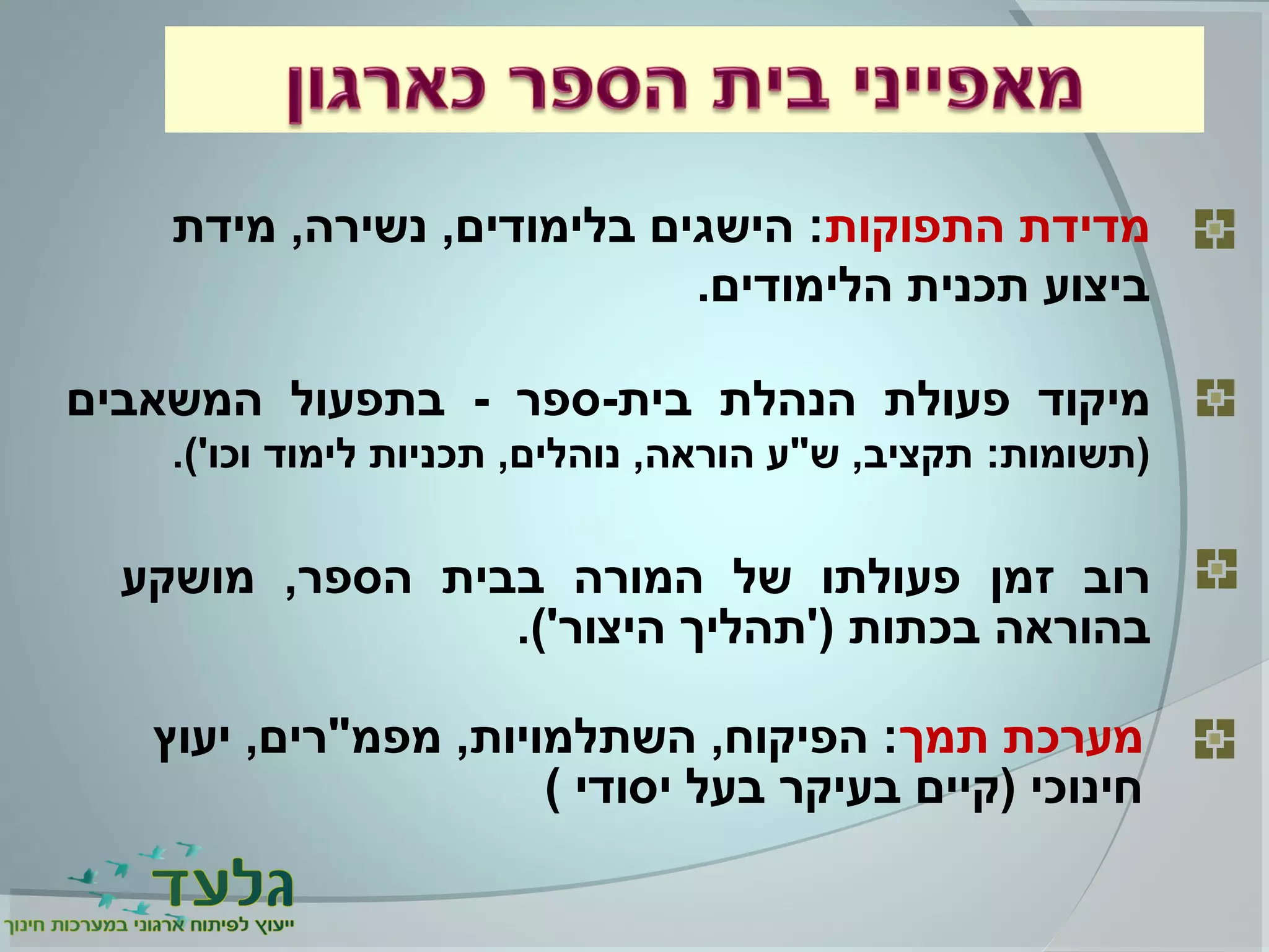 ‫תמך‬ ‫מערכת‬‫יעוץ‬ ,‫מפמ"רים‬ ,‫השתלמויות‬ ,‫הפיקוח‬ :
( ‫יסודי‬ ‫בעל‬ ‫בעיקר‬ ‫)קיים‬ ‫חינוכי‬
‫מושקע‬ ,‫הספר‬ ‫בבית‬ ‫המורה‬ ‫של‬ ‫פעולתו‬ ‫זמן‬ ‫רוב‬
.('‫היצור‬ ‫)'תהליך‬ ‫בכתות‬ ‫בהוראה‬
‫המשאבים‬ ‫בתפעול‬ - ‫בית-ספר‬ ‫הנהלת‬ ‫פעולת‬ ‫מיקוד‬
.('‫וכו‬ ‫לימוד‬ ‫תכניות‬ ,‫נוהלים‬ ,‫הוראה‬ ‫ש"ע‬ ,‫תקציב‬ :‫)תשומות‬
‫התפוקות‬ ‫מדידת‬‫מידת‬ ,‫נשירה‬ ,‫בלימודים‬ ‫הישגים‬ :
.‫הלימודים‬ ‫תכנית‬ ‫ביצוע‬
 