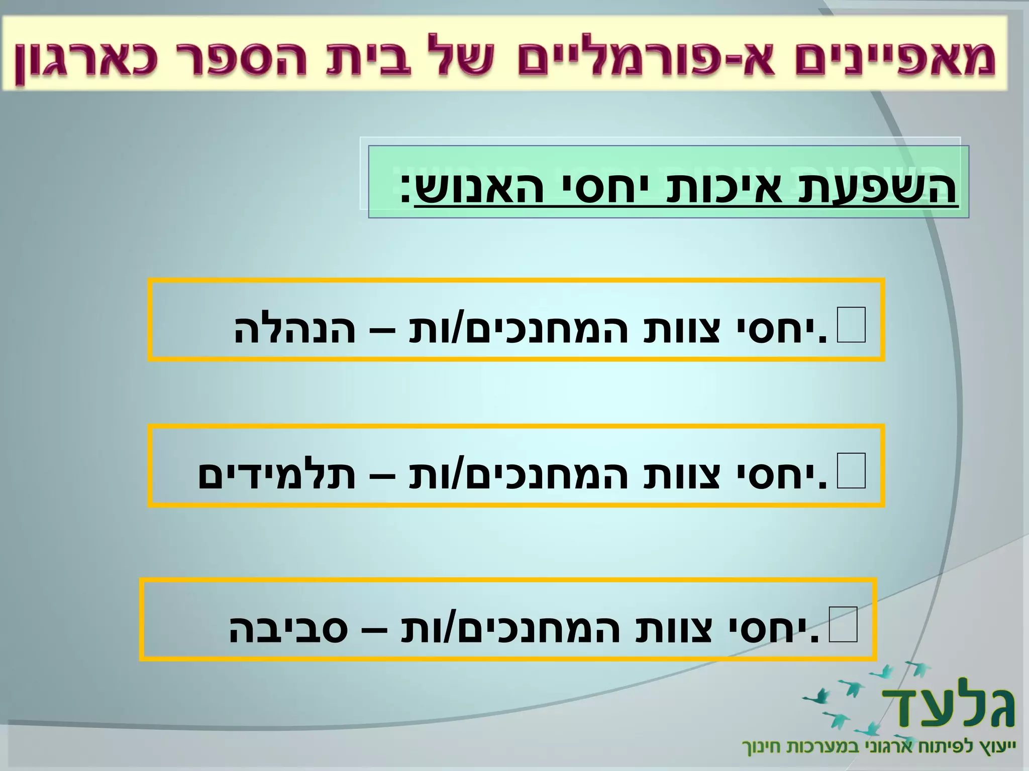 ‫האנוש‬ ‫יחסי‬ ‫איכות‬ ‫השפעת‬: ‫האנוש‬ ‫יחסי‬ ‫איכות‬ ‫השפעת‬:
‫הנהלה‬ – ‫המחנכים/ות‬ ‫צוות‬ ‫.יחסי‬
‫סביבה‬ – ‫המחנכים/ות‬ ‫צוות‬ ‫.יחסי‬
‫תלמידים‬ – ‫המחנכים/ות‬ ‫צוות‬ ‫.יחסי‬
 