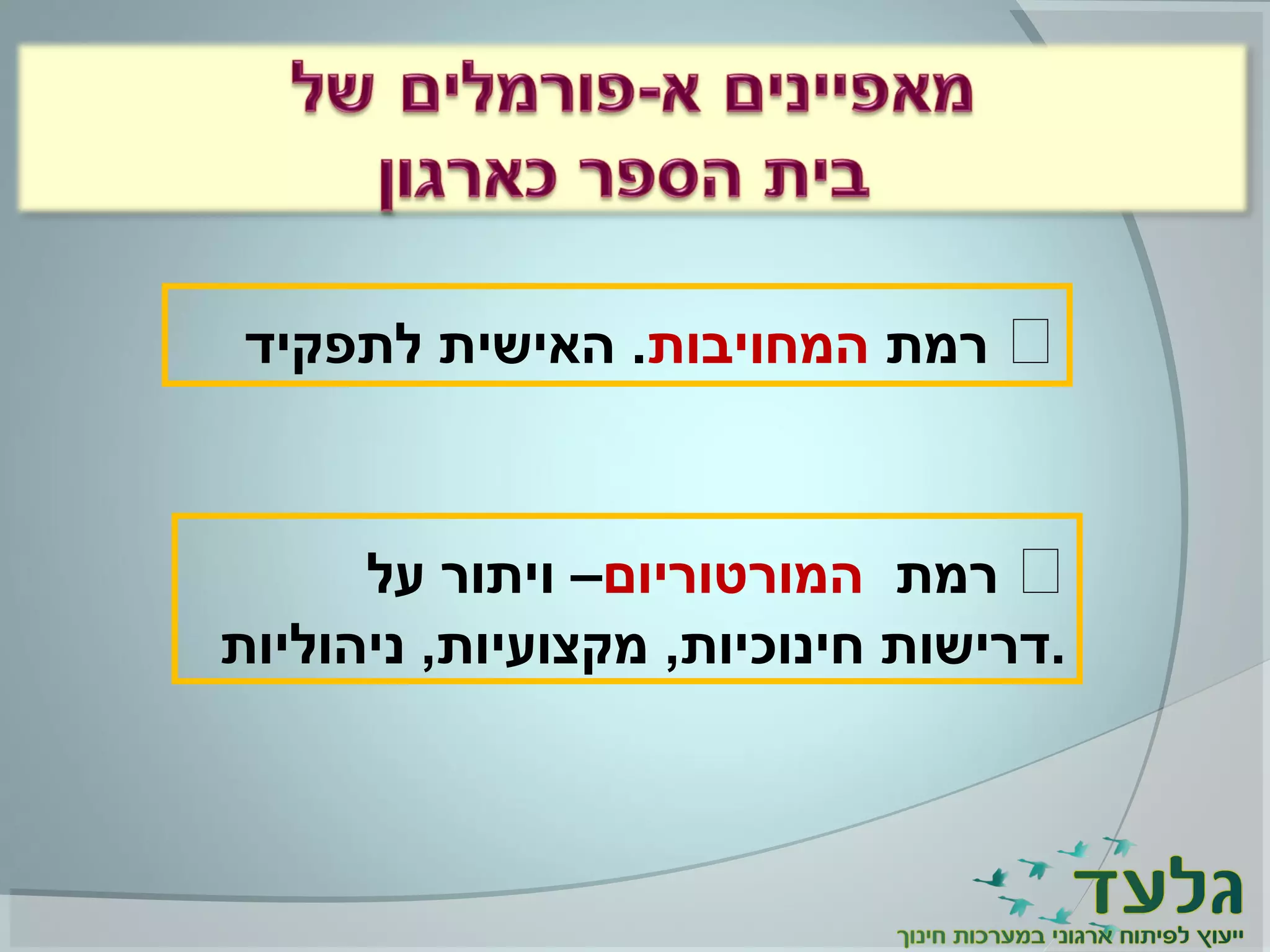 ‫רמת‬‫המחויבות‬‫לתפקיד‬ ‫האישית‬ .
‫רמת‬‫המורטוריום‬‫על‬ ‫ויתור‬ –
‫ניהוליות‬ ,‫מקצועיות‬ ,‫חינוכיות‬ ‫.דרישות‬
 