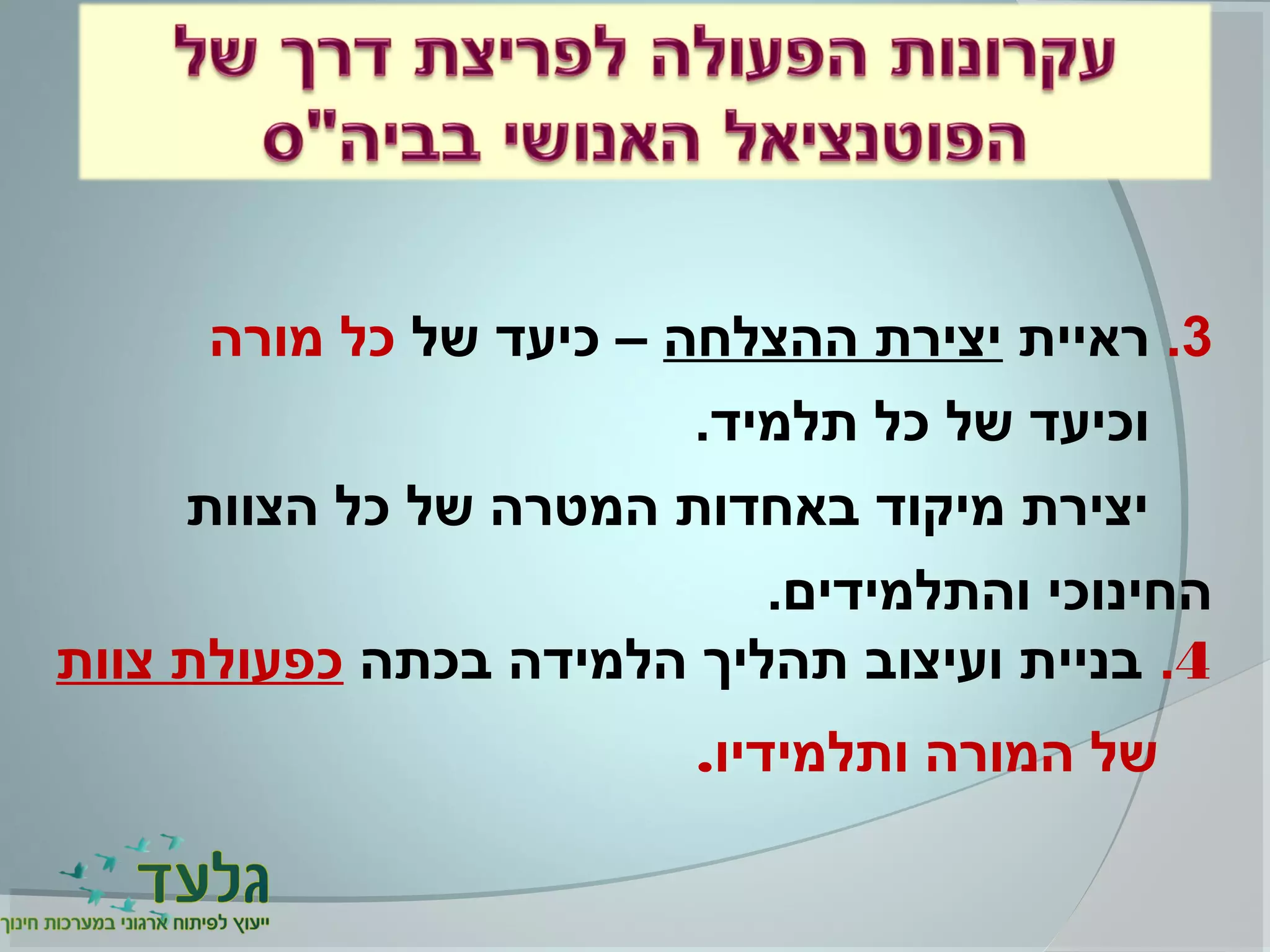 3.‫ראיית‬‫ההצלחה‬ ‫יצירת‬‫של‬ ‫כיעד‬ –‫מורה‬ ‫כל‬
.‫תלמיד‬ ‫כל‬ ‫של‬ ‫וכיעד‬
‫הצוות‬ ‫כל‬ ‫של‬ ‫המטרה‬ ‫באחדות‬ ‫מיקוד‬ ‫יצירת‬
.‫והתלמידים‬ ‫החינוכי‬
4.‫בכתה‬ ‫הלמידה‬ ‫תהליך‬ ‫ועיצוב‬ ‫בניית‬‫צוות‬ ‫כפעולת‬
‫ותלמידיו‬ ‫המורה‬ ‫של‬.
 