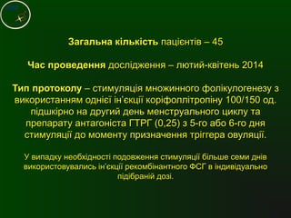 Загальна кількістьЗагальна кількість пацієнтів – 45пацієнтів – 45
Час проведенняЧас проведення дослідження – лютий-квітень 2014дослідження – лютий-квітень 2014
Тип протоколуТип протоколу – стимуляція множинного фолікулогенезу з– стимуляція множинного фолікулогенезу з
використанням однієї ін’єкції коріфоллітропіну 100/150 од.використанням однієї ін’єкції коріфоллітропіну 100/150 од.
підшкірно на другий день менструального циклу тапідшкірно на другий день менструального циклу та
препарату антагоніста ГТРГ (0,25) з 5-го або 6-го дняпрепарату антагоніста ГТРГ (0,25) з 5-го або 6-го дня
стимуляції до моменту призначення тріггера овуляції.стимуляції до моменту призначення тріггера овуляції.
У випадку необхідності подовження стимуляції більше семи днівУ випадку необхідності подовження стимуляції більше семи днів
використовувались ін’єкції рекомбінантного ФСГ в індивідуальновикористовувались ін’єкції рекомбінантного ФСГ в індивідуально
підібраній дозі.підібраній дозі.
 