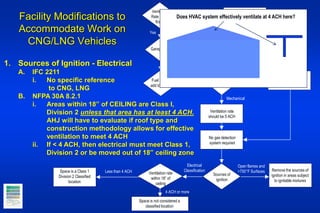 Facility Modifications to
Accommodate Work on
CNG/LNG Vehicles
Ventilation
Rate = 1 cu
ft/sq ft
Bring ventilation
rates up to code
Yes
No
No modifications
required by the
codes
Garage Type
Minor Repairs Only
Major Repair Garage
Fuel Type to
add to garage
Ventilation rate
should be 5 ACH
No gas detection
system required
Type of
ventilation
CNG only
Mechanical
Approval by AHJ
required
Natural
Remove the sources of
ignition in areas subject
to ignitable mixtures
Sources of
ignition
Open flames and
+750°F Surfaces
1. Sources of Ignition - Electrical
A. IFC 2211
i. No specific reference
to CNG, LNG
B. NFPA 30A 8.2.1
i. Areas within 18” of CEILING are Class I,
Division 2 unless that area has at least 4 ACH.
AHJ will have to evaluate if roof type and
construction methodology allows for effective
ventilation to meet 4 ACH
ii. If < 4 ACH, then electrical must meet Class 1,
Division 2 or be moved out of 18” ceiling zone
Ventilation rate
within 18” of
ceiling
Electrical
ClassificationSpace is a Class 1
Division 2 Classified
location
Less than 4 ACH
Space is not considered a
classified location
4 ACH or more
Does HVAC system effectively ventilate at 4 ACH here?
 