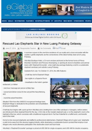 Villa Maly's Elephant Encounter' package was selected by Eglobal Travel Media in their round-up of responsible tourism in region, June 2014