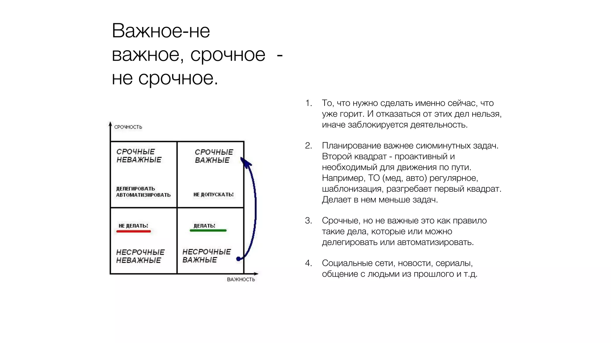 Важное-не
важное, срочное -
не срочное.
1. То, что нужно сделать именно сейчас, что
уже горит. И отказаться от этих дел нельзя,
иначе заблокируется деятельность.
2. Планирование важнее сиюминутных задач.
Второй квадрат - проактивный и
необходимый для движения по пути.
Например, ТО (мед, авто) регулярное,
шаблонизация, разгребает первый квадрат.
Делает в нем меньше задач.
3. Срочные, но не важные это как правило
такие дела, которые или можно
делегировать или автоматизировать.
4. Социальные сети, новости, сериалы,
общение с людьми из прошлого и т.д.
 