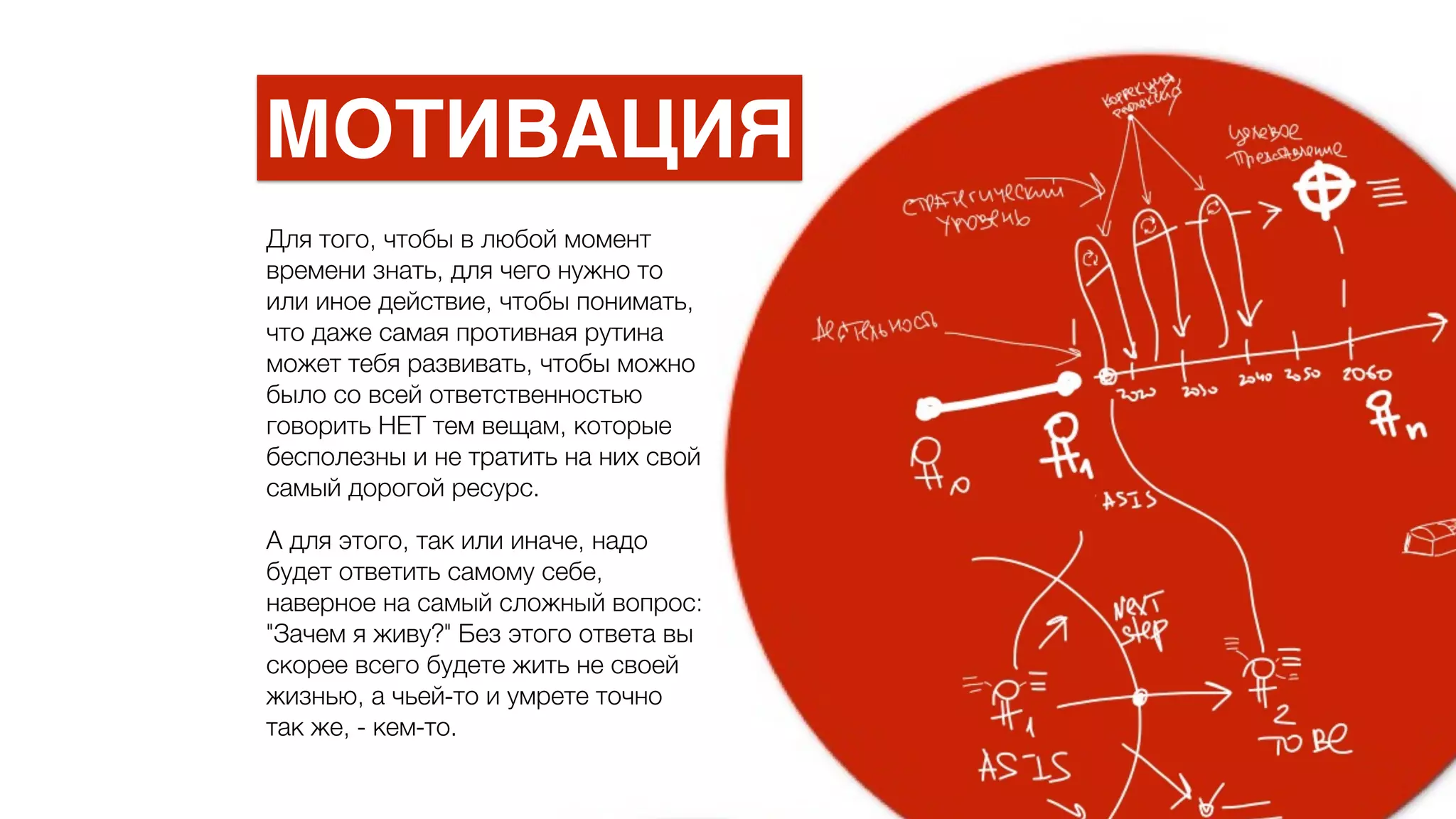 Для того, чтобы в любой момент
времени знать, для чего нужно то
или иное действие, чтобы понимать,
что даже самая противная рутина
может тебя развивать, чтобы можно
было со всей ответственностью
говорить НЕТ тем вещам, которые
бесполезны и не тратить на них свой
самый дорогой ресурс.
А для этого, так или иначе, надо
будет ответить самому себе,
наверное на самый сложный вопрос:
"Зачем я живу?" Без этого ответа вы
скорее всего будете жить не своей
жизнью, а чьей-то и умрете точно
так же, - кем-то.
МОТИВАЦИЯ
 
