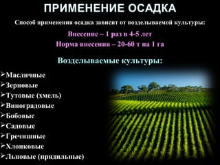 Способ применения осадка зависит от возделываемой культуры:
Внесение – 1 раз в 4-5 лет
Норма внесения – 20-60 т на 1 га
Возделываемые культуры:
Масличные
Зерновые
Тутовые (хмель)
Виноградовые
Бобовые
Садовые
Гречишные
Хлопковые
Льновые (прядильные)
 