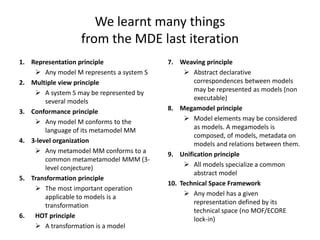 We learnt many things
from the MDE last iteration
1. Representation principle
 Any model M represents a system S
2. Multi...