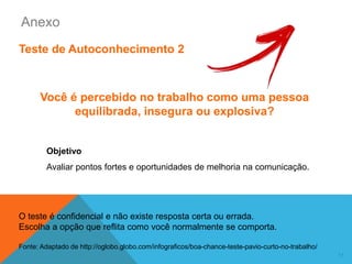 11
Teste de Autoconhecimento 2
O teste é confidencial e não existe resposta certa ou errada.
Escolha a opção que reflita como você normalmente se comporta.
Fonte: Adaptado de http://oglobo.globo.com/infograficos/boa-chance-teste-pavio-curto-no-trabalho/
Anexo
Objetivo
Avaliar pontos fortes e oportunidades de melhoria na comunicação.
Você é percebido no trabalho como uma pessoa
equilibrada, insegura ou explosiva?
 