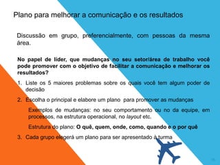 36
Plano para melhorar a comunicação e os resultados
No papel de líder, que mudanças no seu setor/área de trabalho você
pode promover com o objetivo de facilitar a comunicação e melhorar os
resultados?
1. Liste os 5 maiores problemas sobre os quais você tem algum poder de
decisão
2. Escolha o principal e elabore um plano para promover as mudanças
Exemplos de mudanças: no seu comportamento ou no da equipe, em
processos, na estrutura operacional, no layout etc.
Estrutura do plano: O quê, quem, onde, como, quando e o por quê
3. Cada grupo elegerá um plano para ser apresentado à turma
Discussão em grupo, preferencialmente, com pessoas da mesma
área.
 