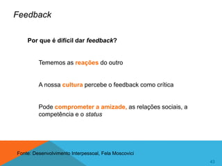 43
43
Feedback
Por que é difícil dar feedback?
Tememos as reações do outro
A nossa cultura percebe o feedback como crítica
Pode comprometer a amizade, as relações sociais, a
competência e o status
Fonte: Desenvolvimento Interpessoal, Fela Moscovici
 