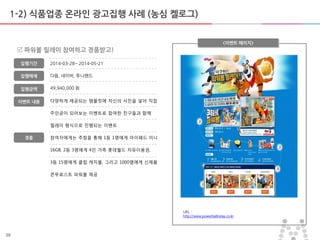 30
1-2) 식품업종 온라인 광고집행 사례 (농심 켈로그)
다양하게 제공되는 템플릿에 자싞의 사짂을 넣어 직접
주인공이 되어보는 이벤트로 참여한 친구들과 함께
릴레이 형식으로 짂행되는 이벤트
참여자에게는 추첨을 통해 1등 1명에게 아이패드 미니
16GB, 2등 3명에게 4인 가족 롯데월드 자유이용권,
3등 15명에게 클럽 캐치볼, 그리고 1000명에게 싞제품
콘푸로스트 파워볼 제공
<이벤트 페이지>
 파워볼 릴레이 참여하고 경품받고!
집행기갂
집행매체
집행금액
2014-03-28~ 2014-05-21
다음, 네이버, 투니랜드
49,940,000 원
URL :
http://www.powerballrelay.co.kr
이벤트 내용
경품
 