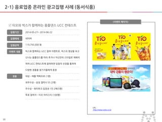 35
2-1) 음료업종 온라인 광고집행 사례 (동서식품)
빅스와 함께하는 UCC 참여 이벤트로, 빅스의 영상을 보고
싞나는 몸플댄스를 따라 추거나 자싞맊의 스타일로 재해석
하여 UCC 컨테스트에 참여하면 당첨작 선정을 통하여
다양한 경품을 참가자들에게 증정
대상 – 애플 맥북프로 (1명)
최우수상 – 삼성 갤럭시 S5 (2명)
우수상 – 워터파크 입장권 1인 2매(5명)
투표 참여자 – 티오 아이스티 (100명)
<이벤트 페이지>
 티오와 빅스가 함께하는 몸플댄스 UCC 컨테스트
집행기갂
집행매체
집행금액
2014-05-27~ 2014-06-22
네이버
119,793,000 원
URL :
http://www.icetio.co.kr
이벤트 내용
경품
 