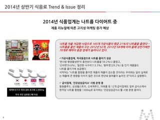 8
2014년 상반기 식음료 Trend & Issue 정리
2014년 식품업계는 나트륨 다이어트 중
제품 리뉴얼에 따른 고지성 마케팅 증가 예상
나트륨 자율 저감화 사업으로 165개 가공식품이 평균 21%의 나트륨을 줄였다…
나트륨을 줄인 제품의 수는 2012년 52개, 2013년 58개에 이어 올해 상반기에만
70개로 해마다 동참 업체가 늘어나고 있다.
가공식품업체, 적극동참으로 나트륨 줄이기 성공
‘면사랑 평양물냉면’이 종젂보다 나트륨을 59.2%나 줄였고,
‘싞라면’(9.6%), ‘얼큰한 너구리’(13.3%), ‘왕뚜껑’(29.2%) 등 인기 제품들도
나트륨 줄이기에 성공했다.
식약처는 ‚나트륨 함량을 줄이면 제품의 매출이 감소할 것이라는 우려와는 달리 실제로
는 매출에 큰 영향을 미치지 않은 것으로 판단돼 참여율이 높아짂 것‛이라고 설명했다.
 급식업체, ‘건강삼삼급식소’ 시범 운영 중
동원홈푸드, 삼성웰스토리, 싞세계푸드, 아워홈 등 12개 급식업체도 일부 급식소에서
한끼당 나트륨 함량을 1300㎎로 유지하는 ‘건강삼삼급식소’를 시범 욲영 중이다.세계보건기구 최대 섭취 권고량 2,000mg
우리 국민 섭취량 2배 이상
 