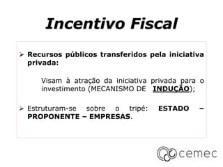 Incentivo Fiscal
 Recursos públicos transferidos pela iniciativa
privada:
Visam à atração da iniciativa privada para o
investimento (MECANISMO DE INDUÇÃO);
 Estruturam-se sobre o tripé: ESTADO –
PROPONENTE – EMPRESAS.
 