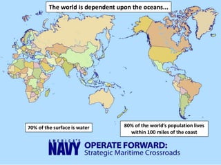 70% of the surface is water 80% of the world’s population lives
within 100 miles of the coast
The world is dependent upon the oceans...
 