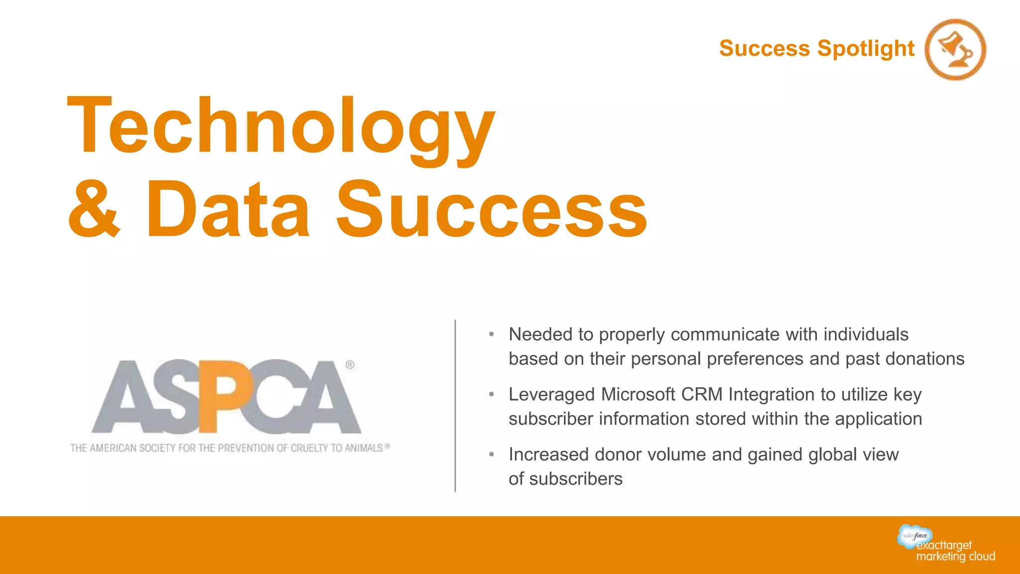Technology
& Data Success
• Needed to properly communicate with individuals
based on their personal preferences and past donations
• Leveraged Microsoft CRM Integration to utilize key
subscriber information stored within the application
• Increased donor volume and gained global view
of subscribers
Success Spotlight
 