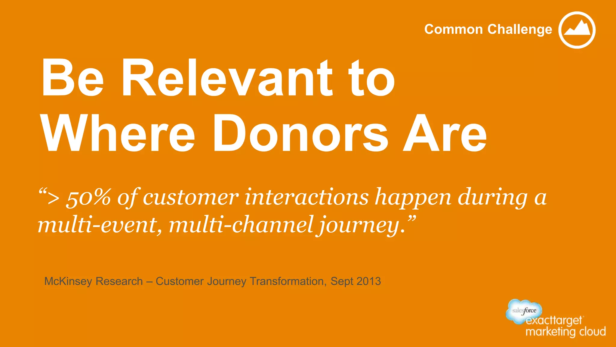Be Relevant to
Where Donors Are
Common Challenge
“> 50% of customer interactions happen during a
multi-event, multi-channel journey.”
McKinsey Research – Customer Journey Transformation, Sept 2013
 
