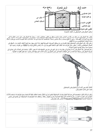 37
‫المتحرك‬ ‫الملف‬ ‫ذو‬ ‫الدینامیكى‬ ‫المیكروفون‬ ‫تركیب‬
‫ا‬ ‫النظریة‬ ‫أساس‬ ‫على‬ ‫المیكروفون‬ ‫ھذا‬ ‫ویعمل‬ , ‫ثابت‬ ‫مغناطیس‬ ‫قطبى‬ ‫بین‬ ‫ومعلق‬ ‫بالرق‬ ‫مثبت‬ ‫النحاس‬ ‫من‬ ‫سلك‬ ‫من‬ ‫ملف‬ ‫من‬ ‫المیكروفون‬ ‫ھذا‬ ‫یتكون‬‫لتى‬
‫الكھربائیة‬ ‫المولدات‬ ‫بھا‬ ‫تعمل‬-‫سلك‬ ( ‫موصل‬ ‫قطع‬ ‫إذا‬ ‫وھى‬‫السلك‬ ‫طول‬ ‫مع‬ ‫تتناسب‬ ‫كھربیة‬ ‫دافعة‬ ‫قوة‬ ‫السلك‬ ‫ھذا‬ ‫فى‬ ‫یتولد‬ ً‫ا‬‫ثابت‬ ً‫ا‬‫مغناطیسی‬ ً‫ال‬‫مجا‬ ) ‫معدنى‬
. ‫القطع‬ ‫وسرعة‬ ‫المغناطیسى‬ ‫المجال‬ ‫وشدة‬
‫به‬ ‫المثبت‬ ‫الملف‬ ً‫ا‬‫أیض‬ ‫معه‬ ‫ویھتز‬ ‫الرق‬ ‫ھذا‬ ‫فیھتز‬ ‫الصوتیة‬ ‫الموجات‬ ‫یستقبل‬ ‫رق‬ ‫من‬ ‫تكوینه‬ ‫بفعل‬ ‫الدینامیكى‬ ‫المیكروفون‬ ‫فإن‬ , ‫ذلك‬ ‫وعلى‬‫الم‬ ‫و‬‫فى‬ ‫علق‬
‫الثابت‬ ‫المغناطیسى‬ ‫المجال‬-( ‫فولت‬ ‫بالمللى‬ ‫تقاس‬ ) ‫ك‬ ‫د‬ ‫ق‬ ( ‫الكھربیة‬ ‫الدافعة‬ ‫القوة‬ ‫الملف‬ ‫ھذا‬ ‫أطراف‬ ‫على‬ ‫یتكون‬5/5222‫أنھا‬ ‫حیث‬ ) ‫الفولت‬ ‫من‬
. ‫خاصة‬ ‫بأجھزة‬ ‫قیاسھا‬ ‫ویمكن‬ ً‫ا‬‫جد‬ ‫صغیرة‬
‫التشغ‬ ‫خارجى‬ ‫كھربائى‬ ‫تیار‬ ‫او‬ ‫بطاریات‬ ‫الى‬ ‫یحتاج‬ ‫ال‬ ‫انه‬ ‫المیكروفون‬ ‫ھذا‬ ‫خصائص‬ ‫واھم‬‫الى‬ ‫تحتاج‬ ‫التى‬ ‫الحاالت‬ ‫فى‬ ‫استخداما‬ ‫األكثر‬ ‫یعتبر‬ ‫انة‬ ‫كما‬ ‫یله‬
‫ا‬ ‫الفقرات‬ ‫تقدیم‬ ‫عند‬ ‫لالوركسترا‬ ‫الموسیقیة‬ ‫اآلالت‬ ‫وأمام‬ ‫المطربین‬ ‫ایدى‬ ‫فى‬ ‫العامة‬ ‫الحفالت‬ ‫فى‬ ‫نراه‬ ‫كما‬ ‫دائمة‬ ‫بصفة‬ ‫المیكروفون‬ ‫تحریك‬. ‫لغنائیة‬
‫الدینامیكى‬ ‫المیكروفون‬ ‫أنواع‬ ‫ألحد‬ ‫الخارجى‬ ‫الشكل‬
‫حا‬ ‫على‬ ‫مثبت‬‫المیكروفون‬ ‫مل‬
‫تست‬ ‫میكرفونات‬ ‫منھا‬ ‫لالستخدام‬ ‫طبقا‬ ‫تختلف‬ ‫متعددة‬ ‫واشكال‬ ‫انواع‬ ‫بتقدیم‬ ‫الدینامیكیة‬ ‫المیكروفونات‬ ‫صناعة‬ ‫فى‬ ‫متخصصة‬ ‫كثیرة‬ ‫شركات‬ ‫وتقوم‬‫لالالت‬ ‫خدم‬
‫ا‬ ‫المیكرفونات‬ ‫ھذه‬ ‫وتختلف‬ .‫وھكذا‬ ‫للجیتار‬ ‫واخرى‬ ‫النحاسیة‬ ‫الموسیقیة‬ ‫لالالت‬ ‫وغیرھا‬ ‫البشرى‬ ‫للصوت‬ ‫واخر‬ ‫االیقاع‬‫منحنى‬ ‫فى‬ ‫بعضھا‬ ‫عن‬ ‫لدینامیكیة‬
‫المذبذبة‬ ‫االستجابة‬Frequency Responce‫میكروفون‬ ‫بكل‬ ‫الخاص‬
 