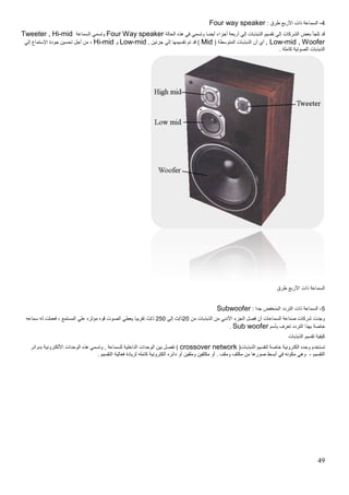49
4-: ‫طرق‬ ‫األربع‬ ‫ذات‬ ‫السماعة‬Four way speaker
‫في‬ ‫وتسمي‬ ‫أيضا‬ ‫أجزاء‬ ‫أربعة‬ ‫إلي‬ ‫الذبذبات‬ ‫تقسيم‬ ‫إلي‬ ‫الشركات‬ ‫بعض‬ ‫تلجأ‬ ‫قد‬‫الحالة‬ ‫هذه‬Four Way speaker‫السماعة‬ ‫وتسمي‬Tweeter , Hi-mid
, Low-mid , Woofer( ‫المتوسطة‬ ‫الذبذبات‬ ‫أن‬ ‫أي‬Mid, ‫جزئين‬ ‫إلي‬ ‫تقسيمها‬ ‫تم‬ ‫قد‬ )Low-mid‫و‬Hi-mid-‫إلي‬ ‫اإلستماع‬ ‫جودة‬ ‫تحسين‬ ‫أجل‬ ‫من‬
. ‫كاملة‬ ‫الصوتية‬ ‫الذبذبات‬
‫طرق‬ ‫األربع‬ ‫ذات‬ ‫السماعة‬
1-‫التر‬ ‫ذات‬ ‫السماعة‬: ‫جدا‬ ‫المنخفض‬ ‫دد‬Subwoofer
‫من‬ ‫الذبذبات‬ ‫من‬ ‫األدني‬ ‫الجزء‬ ‫فصل‬ ‫أن‬ ‫السماعات‬ ‫صناعة‬ ‫شركات‬ ‫وجدت‬02‫إلي‬ ‫ذ/ث‬012‫المستمع‬ ‫علي‬ ‫مؤثره‬ ‫قوه‬ ‫الصوت‬ ‫يعطي‬ ‫تقريبا‬ ‫ذ/ث‬-‫سماعه‬ ‫له‬ ‫فعملت‬
‫بأسم‬ ‫تعرف‬ ‫التردد‬ ‫بهذا‬ ‫خاصة‬Sub woofer.
‫الذبذبات‬ ‫تقسيم‬ ‫كيفية‬
‫لتقسي‬ ‫خاصة‬ ‫الكترونية‬ ‫وحده‬ ‫تستخدم‬(‫الذبذبات‬ ‫م‬crossover network‫بدوائر‬ ‫األلكترونية‬ ‫الوحدات‬ ‫هذه‬ ‫وتسمي‬ , ‫للسماعة‬ ‫الداخلية‬ ‫الوحدات‬ ‫بين‬ ‫تفصل‬ )
‫التقسيم‬-. ‫التقسيم‬ ‫فعالية‬ ‫لزيادة‬ ‫كامله‬ ‫الكترونية‬ ‫دائره‬ ‫أو‬ ‫وملفين‬ ‫مكثفين‬ ‫أو‬ . ‫وملف‬ ‫مكثف‬ ‫من‬ ‫صورها‬ ‫أبسط‬ ‫في‬ ‫مكونه‬ ‫وهي‬
 