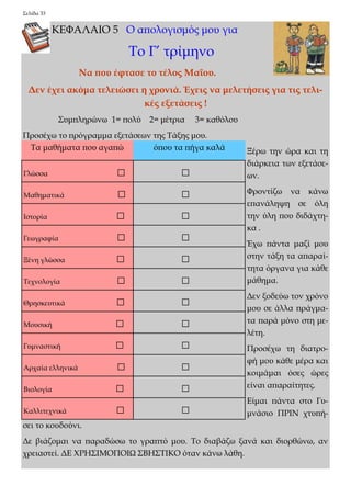 Σελίδα 33 
ΚΕΦΑΛΑΙΟ 5 Ο απολογισμός μου για 
Το Γ’ τρίμηνο 
Να που έφτασε το τέλος Μαΐου. 
Δεν έχει ακόμα τελειώσει η χρονιά. Έχεις να μελετήσεις για τις τελι- κές εξετάσεις ! 
Συμπληρώνω 1= πολύ 2= μέτρια 3= καθόλου 
Προσέχω το πρόγραμμα εξετάσεων της Τάξης μου. 
Ξέρω την ώρα και τη διάρκεια των εξετάσε- ων. 
Φροντίζω να κάνω επανάληψη σε όλη την ύλη που διδάχτη- κα . 
Έχω πάντα μαζί μου στην τάξη τα απαραί- τητα όργανα για κάθε μάθημα. 
Δεν ξοδεύω τον χρόνο μου σε άλλα πράγμα- τα παρά μόνο στη με- λέτη. 
Προσέχω τη διατρο- φή μου κάθε μέρα και κοιμάμαι όσες ώρες είναι απαραίτητες. 
Είμαι πάντα στο Γυ- μνάσιο ΠΡΙΝ χτυπή- σει το κουδούνι. 
Δε βιάζομαι να παραδώσω το γραπτό μου. Το διαβάζω ξανά και διορθώνω, αν χρειαστεί. ΔΕ ΧΡΗΣΙΜΟΠΟΙΩ ΣΒΗΣΤΙΚΟ όταν κάνω λάθη. 
Τα μαθήματα που αγαπώ 
όπου τα πήγα καλά 
Γλώσσα □ 
□ 
Μαθηματικά □ 
□ 
Ιστορία □ 
□ 
Γεωγραφία □ 
□ 
Ξένη γλώσσα □ 
□ 
Τεχνολογία □ 
□ 
Θρησκευτικά □ 
□ 
Μουσική □ 
□ 
Γυμναστική □ 
□ 
Αρχαία ελληνικά □ 
□ 
Βιολογία □ 
□ 
Καλλιτεχνικά □ 
□  