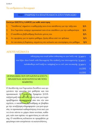Σελίδα 9 
Ο Διευθυντής του Γυμνασίου διευθύνει και ορ- γανώνει την εργασία των μαθητών και του προσωπικού. Ο Υπεύθυνος Γραφείου Σ.Ε.Π. συζητά μαζί σου και τους γονείς σου για τυχόν προβλήματα προσαρμογής σου στο νέο σου σχολείο, ο υπεύθυνος βιβλιοθήκης σε βοηθάει με την αναζήτηση πληροφοριών για μια εργα- σία, το προσωπικό καθαριότητας είναι εκεί για να είναι πάντα οι χώροι όπου κινείσαι, καθα- ροί, κάτι που πρέπει να φροντίσεις κι εσύ επί- σης. Ο υπεύθυνος κυλικείου σε προμηθεύει με φαγώσιμα που επιτρέπεται να καταναλώνεις. 
ΛΕΞΕΙΣ ΚΛΕΙΔΙΑ 
Το ανθρώπινο δυναμικό 
ΑΠΟΤΕΛΕΣΜΑΤΑ 
ΤΕΣΤ ΓΝΩΡΙΖΩ ΤΑ ΕΠΑΓΓΕΛΜΑΤΑ ΣΤΟ ΓΥΜΝΑΣΙΟ 
Επιλέγω ΣΩΣΤΟ ή ΛΑΘΟΣ για κάθε απάντηση 
1. ‘Υπεύθυνος’ σημαίνει ο καθηγητής που είναι υπεύθυνος για την τάξη σου Σ/Λ 
2. Στο Γυμνάσιο υπάρχει προσωπικό που είναι υπεύθυνο για την καθαριότητα Σ/Λ 
3. Ο υπεύθυνος βιβλιοθήκης δουλεύει μόνος του Σ/Λ 
4. Αν αργήσεις για το πρώτο μάθημα, ζητάς άδεια από τον φύλακα Σ/Λ 
5. Αν πεινάσεις ή διψάσεις, πηγαίνεις στο κυλικείο και επιστρέφεις στο μάθημα Σ/Λ 
1. ΣΩΣΤΟ 
2. ΣΩΣΤΟ 
3. ΛΑΘΟΣ. Βρίσκεται εκεί για να σε βοηθήσει να βρεις μια πληροφορία 
4. ΛΑΘΟΣ. Κατευθύνεσαι στο Γραφείο της Διεύθυνσης πριν μπεις στην τάξη σου 
5. ΛΑΘΟΣ. Δεν έχεις ατό το δικαίωμα παρά μόνο στο διάλλειμα 
ΟΙ ΕΝΗΛΙΚΕΣ ΠΟΥ ΕΡΓΑΖΟΝΤΑΙ ΣΤΟ ΓΥ- ΜΝΑΣΙΟ ΚΑΙ ΑΣΧΟΛΟΥΝΤΑΙ ΜΕ ΤΟΥΣ ΜΑΘΗΤΕΣ  