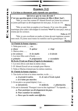 Examen (12) 
I- Lis bien ce document, puis réponds aux questions : 
Qu'est-ce que tu veux devenir ? 
C'est une question posée à trois lycéennes de filles à Béni- Suef : 
*Moi, je veux être comme Dr Ahmed Zewail car j'aime les sciences 
et j'aime participer au développement de mon pays. Je suis en 1/8. 
Marwa 
*Moi, je suis forte en anglais et en français. Et je veux être guide 
touristique pour aider à développer le tourisme السياحة de mon pays, mais je 
n'aime pas les sciences. 
Noha en 1/5 
*Moi, je suis excellente en maths et j'aime devenir ingénieur comme 
mon oncle. Et j'aime aussi toutes les matières sauf la gymnastique 1/8. 
Marina 
A) Choisis la bonne réponse : 
1- Noha peut avoir........ ans. 
a- douze b- quinze c- vingt 
2- Marwa aime........ 
a- les sciences b- les maths c- le dessin 
3- Les trois filles sont à l'école ......... 
a- primaire b- préparatoire c- secondaire 
B) Ecris (Vrai) ou (Faux) d'après le document : 
1- Les trois élèves sont dans la même classe. 
2- Dr Ahmed Zewail est un exemple pour Marwa. 
3- Noha et Marina n'aiment pas les mêmes matières. 
II- Choisis la bonne réponse : 
1- Ton école est loin et tu aimes marcher, tu dis ........ 
a- Je prends le métro. b- Je vais à l'école à pied. 
c- Je n'aime pas marcher. 
2- Si ton père a un grand hôpital, il est........ 
a- mécanicien. b- médecin. c- pharmacien. 
3-Un ami te demande "Pourquoi veux-tu être ingénieur?" Tu réponds....... 
a- Pour participer au développement du pays. 
b- Pour examiner les malades. 
c- Parce que les maths sont difficiles. 
23 
 