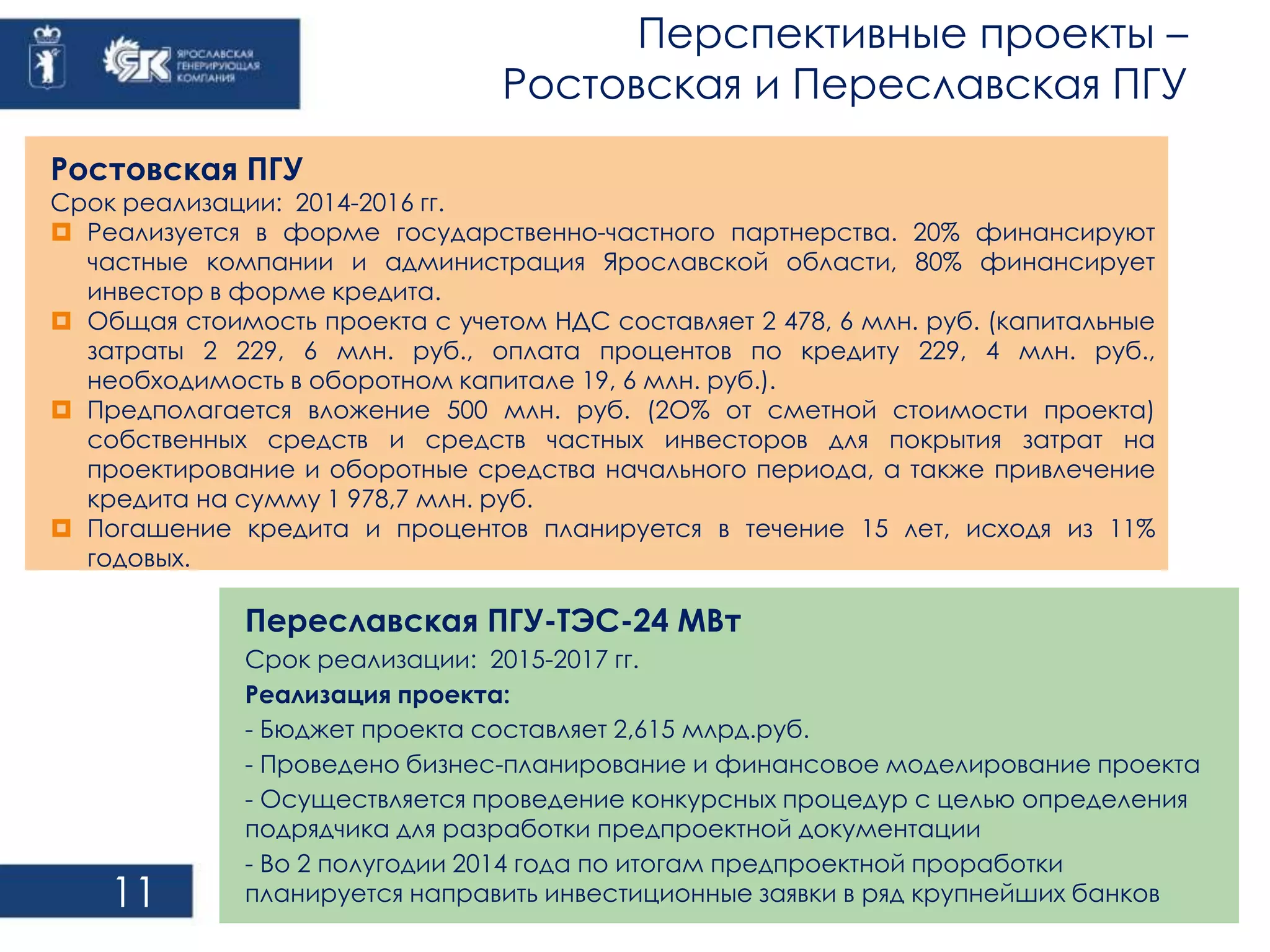 11 
Перспективные проекты – 
Ростовская и Переславская ПГУ 
Ростовская ПГУ 
Срок реализации: 2014-2016 гг. 
 Реализуется в форме государственно-частного партнерства. 20% финансируют 
частные компании и администрация Ярославской области, 80% финансирует 
инвестор в форме кредита. 
 Общая стоимость проекта с учетом НДС составляет 2 478, 6 млн. руб. (капитальные 
затраты 2 229, 6 млн. руб., оплата процентов по кредиту 229, 4 млн. руб., 
необходимость в оборотном капитале 19, 6 млн. руб.). 
 Предполагается вложение 500 млн. руб. (2О% от сметной стоимости проекта) 
собственных средств и средств частных инвесторов для покрытия затрат на 
проектирование и оборотные средства начального периода, а также привлечение 
кредита на сумму 1 978,7 млн. руб. 
 Погашение кредита и процентов планируется в течение 15 лет, исходя из 11% 
годовых. 
Переславская ПГУ-ТЭС-24 МВт 
Срок реализации: 2015-2017 гг. 
Реализация проекта: 
- Бюджет проекта составляет 2,615 млрд.руб. 
- Проведено бизнес-планирование и финансовое моделирование проекта 
- Осуществляется проведение конкурсных процедур с целью определения 
подрядчика для разработки предпроектной документации 
- Во 2 полугодии 2014 года по итогам предпроектной проработки 
планируется направить инвестиционные заявки в ряд крупнейших банков 
 